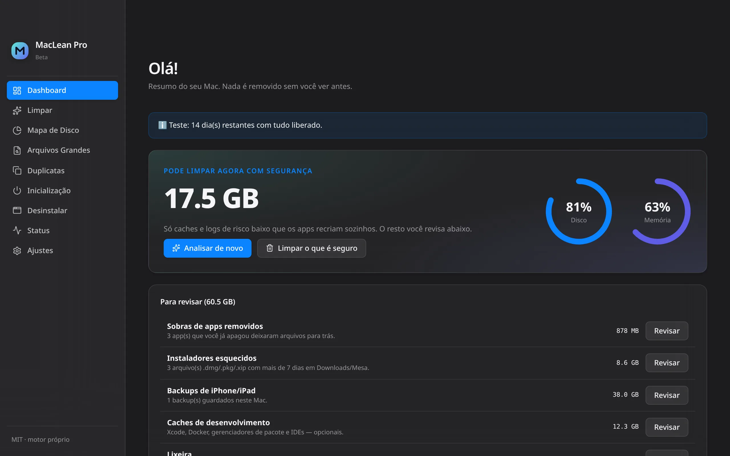 Dashboard do MacLean Pro após a análise em 1 clique: 17,5 GB para limpar com segurança e itens para revisar