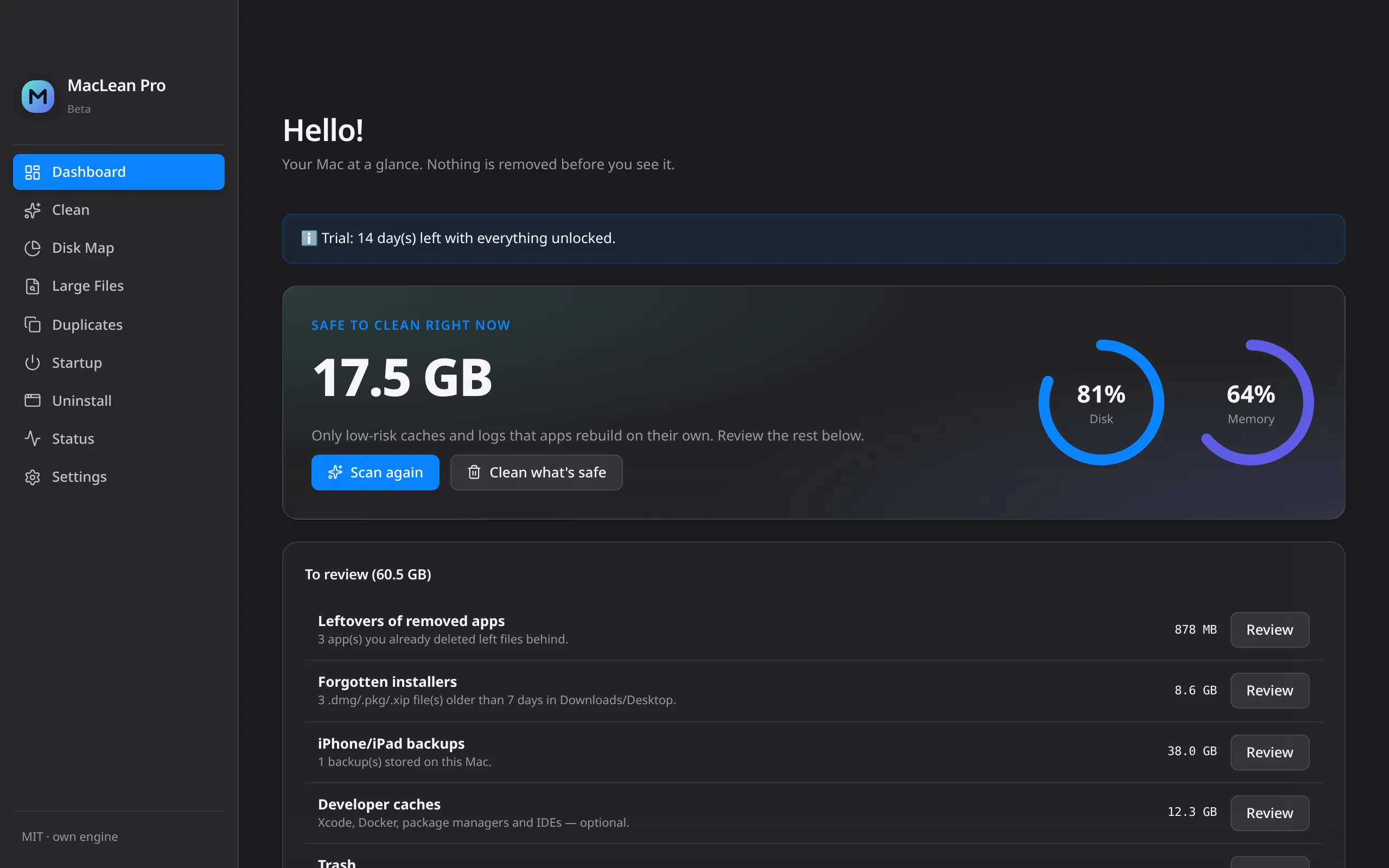 MacLean Pro dashboard after a one-click scan: 17.5 GB safe to clean and items to review